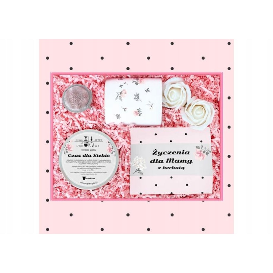 Zestaw prezentowy dla mamy z herbatą "Dziękuję, że jesteś". Box dla Mamy z herbatą, najlepszy pomysł na prezent upominek na Dzień Matki - zaparzacz, kubek, zestaw herbat, mydlane róże