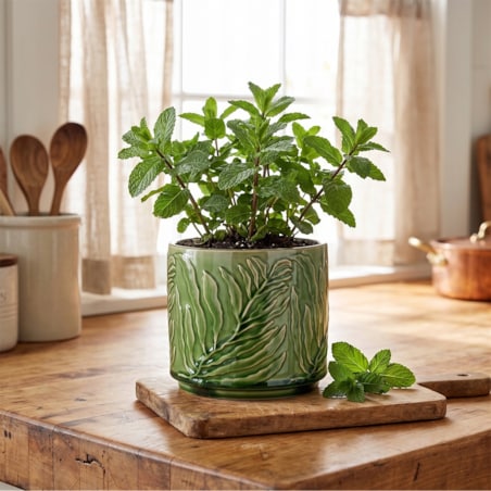 OSŁONKA NA DONICZKĘ CERAMICZNA ZIELONA 14cm NA KWIATY PARAPET BALKON ZIOŁA