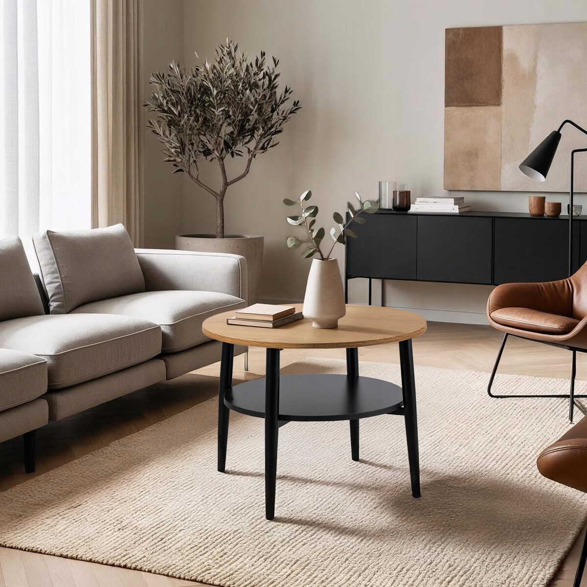 Stolik Kawowy Okrągły Skandynawski Ława Okrągła Dąb Złoty Czarny PAULO