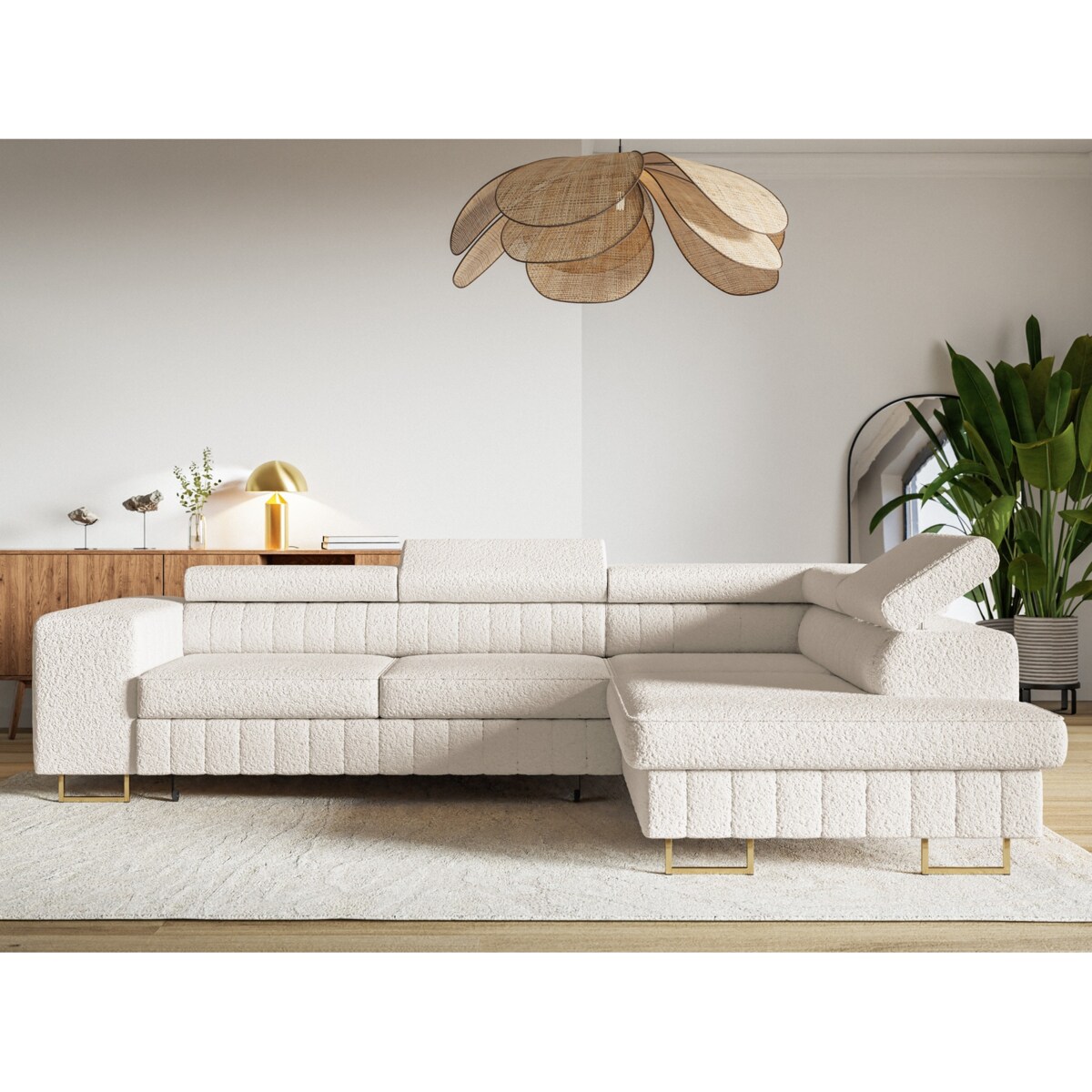 Narożnik NOLA do salonu, na złotych nogach-prawostronny-Catch Me 01-mleczny