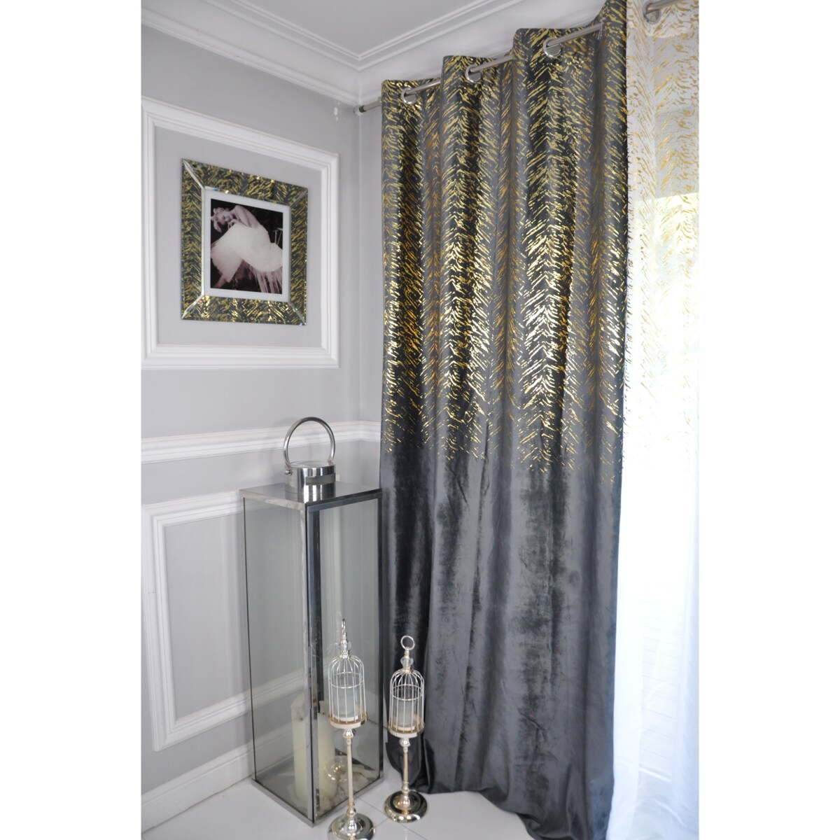 zasłona welurowa "velvet glow" złoty print 140x250 cm stalowy