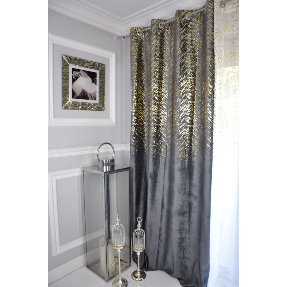 zasłona welurowa "velvet glow" złoty print 140x250 cm stalowy