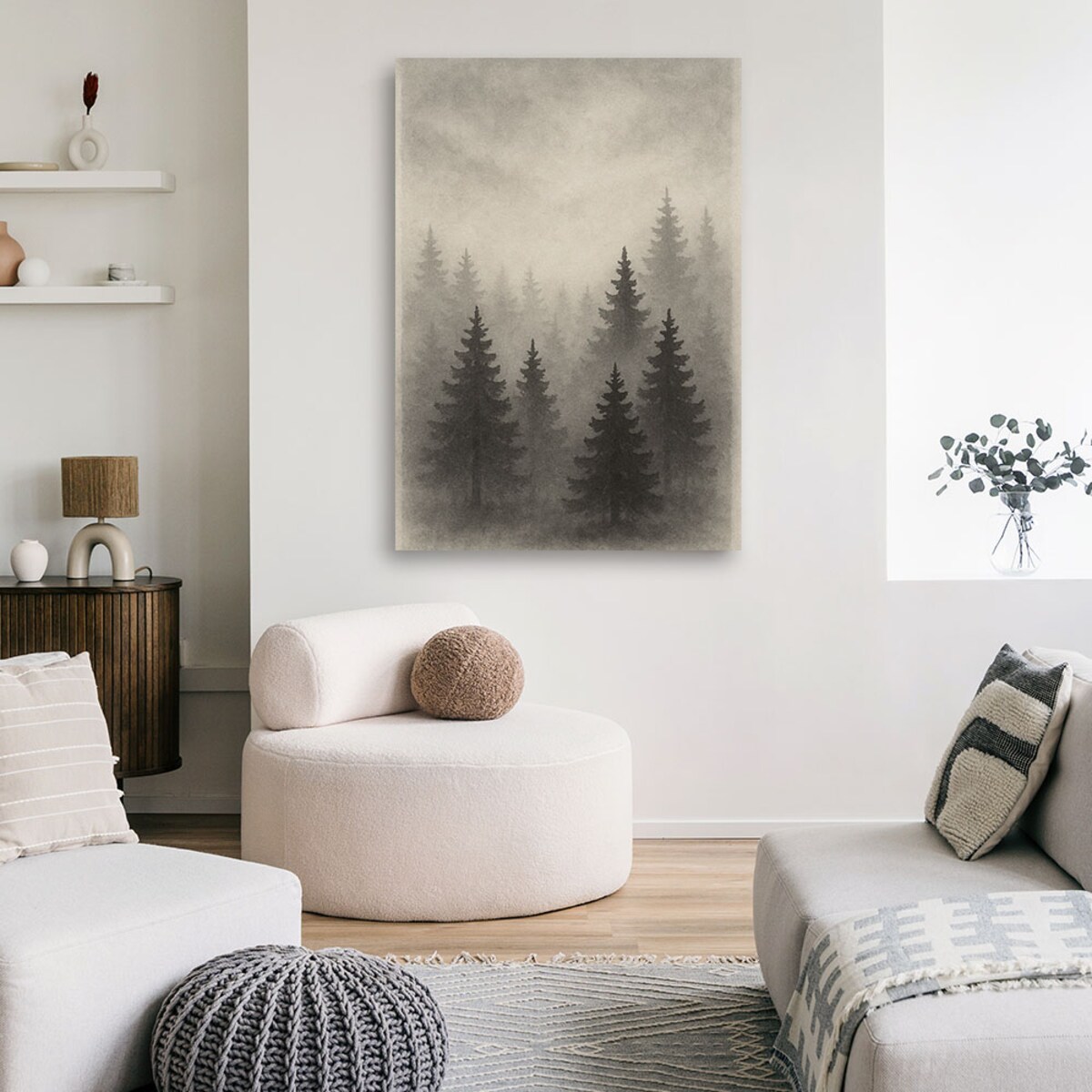 Feeby Obraz Japandi, Las Drzewa Mgła Szarość Akwarela 40x60