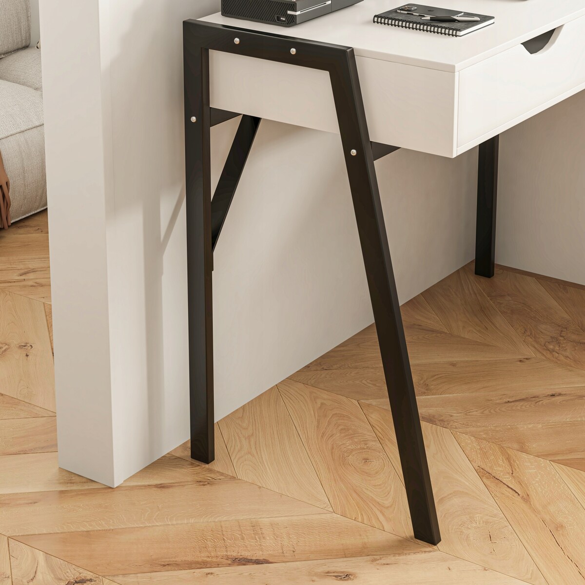 Biurko nowoczesne z szufladami loft białe na czarnych nogach premium 80 cm