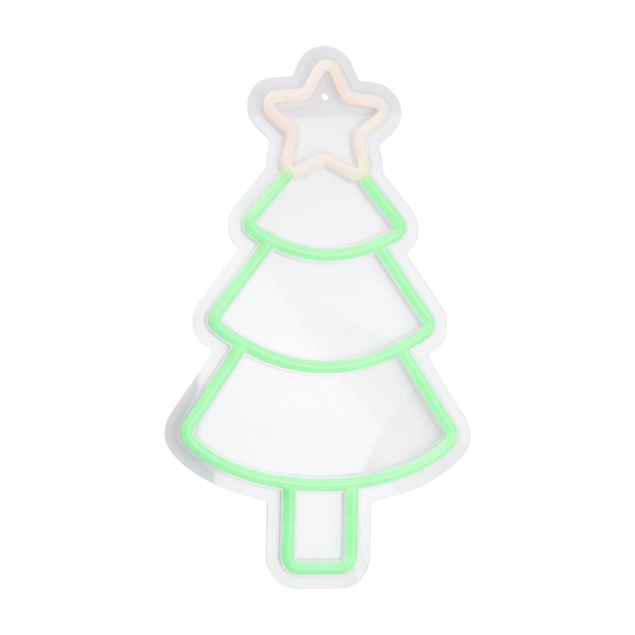 Świąteczny neon na ścianę, LED, 23 x 22 cm, na USB, kolor zielony, tworzywo sztuczne, motyw choinka