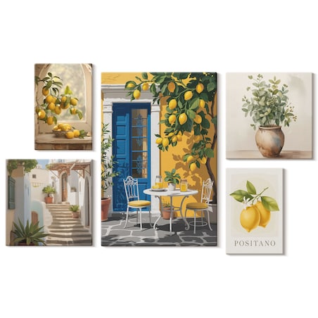 Zestaw 5 obrazów na płótnie - Cytrusowe inspiracje w stylu prowansalskim - żółty