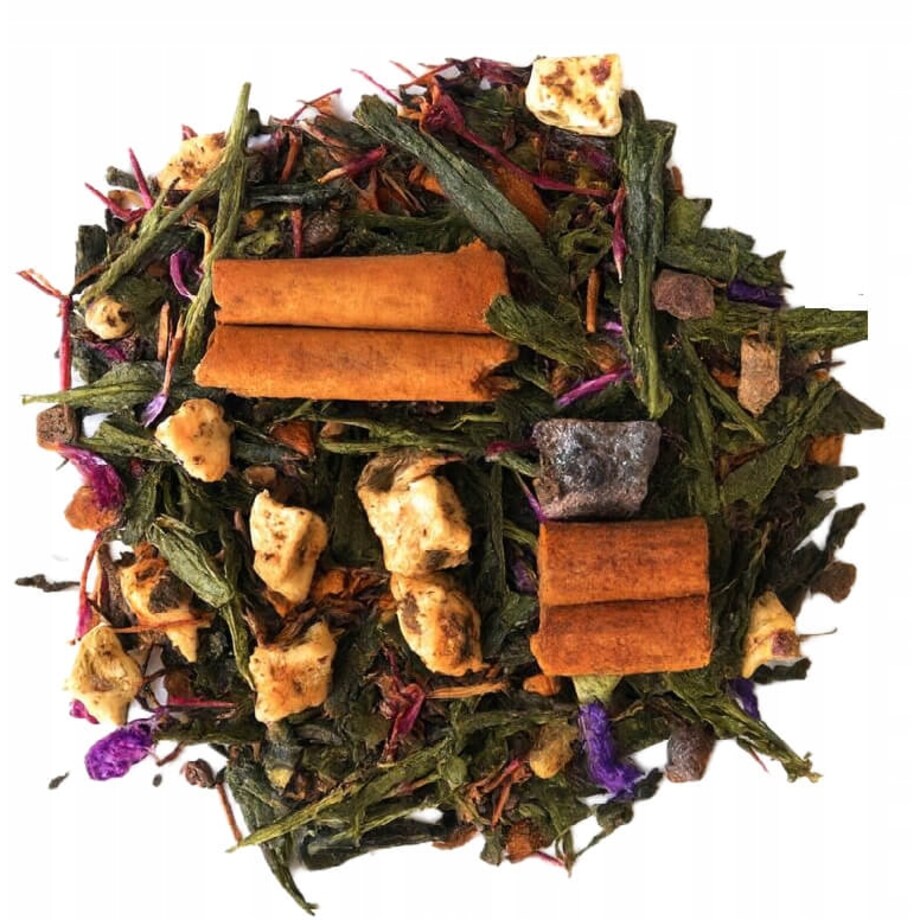 Herbata zielona ŚLIWKI W CYNAMONIE jabłka śliwki cynamon chaber malwa 120g - herbata liściasta sypana mieszanka napar susz