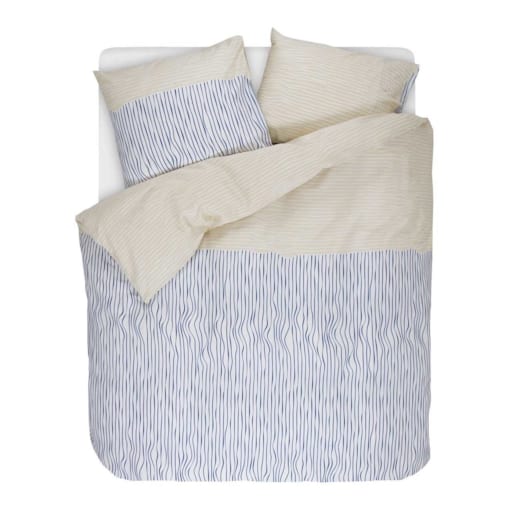 Komplet pościeli z bawełny satynowej we wzory w kolorze niebieskim i beżowym, poszewka ozdobna, pościel w paski, pościel Esprit, 200 x 220 cm