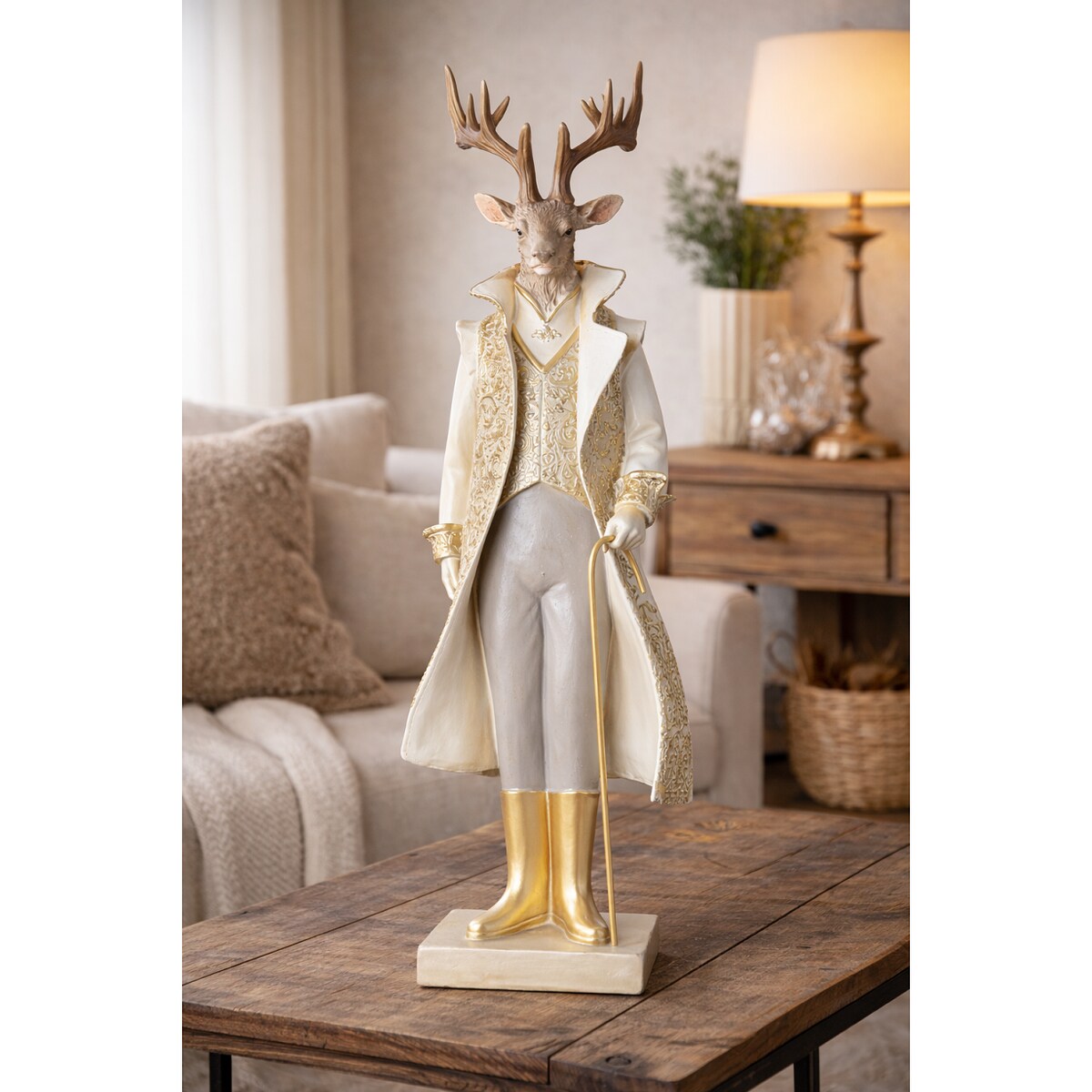 Figurka - pan renifer 62x21x17,5 cm RENIK w złotym płaszczu i z laską