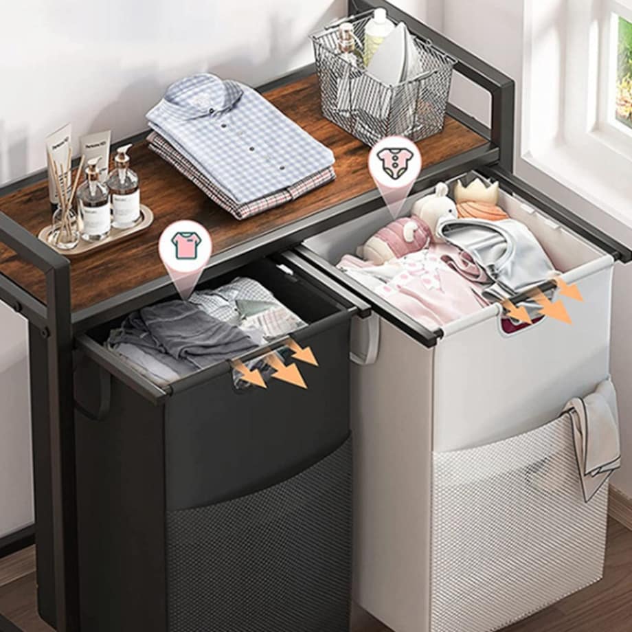 Kosz na pranie dwukomorowy duży z półką industrialny regał pojemnik loft