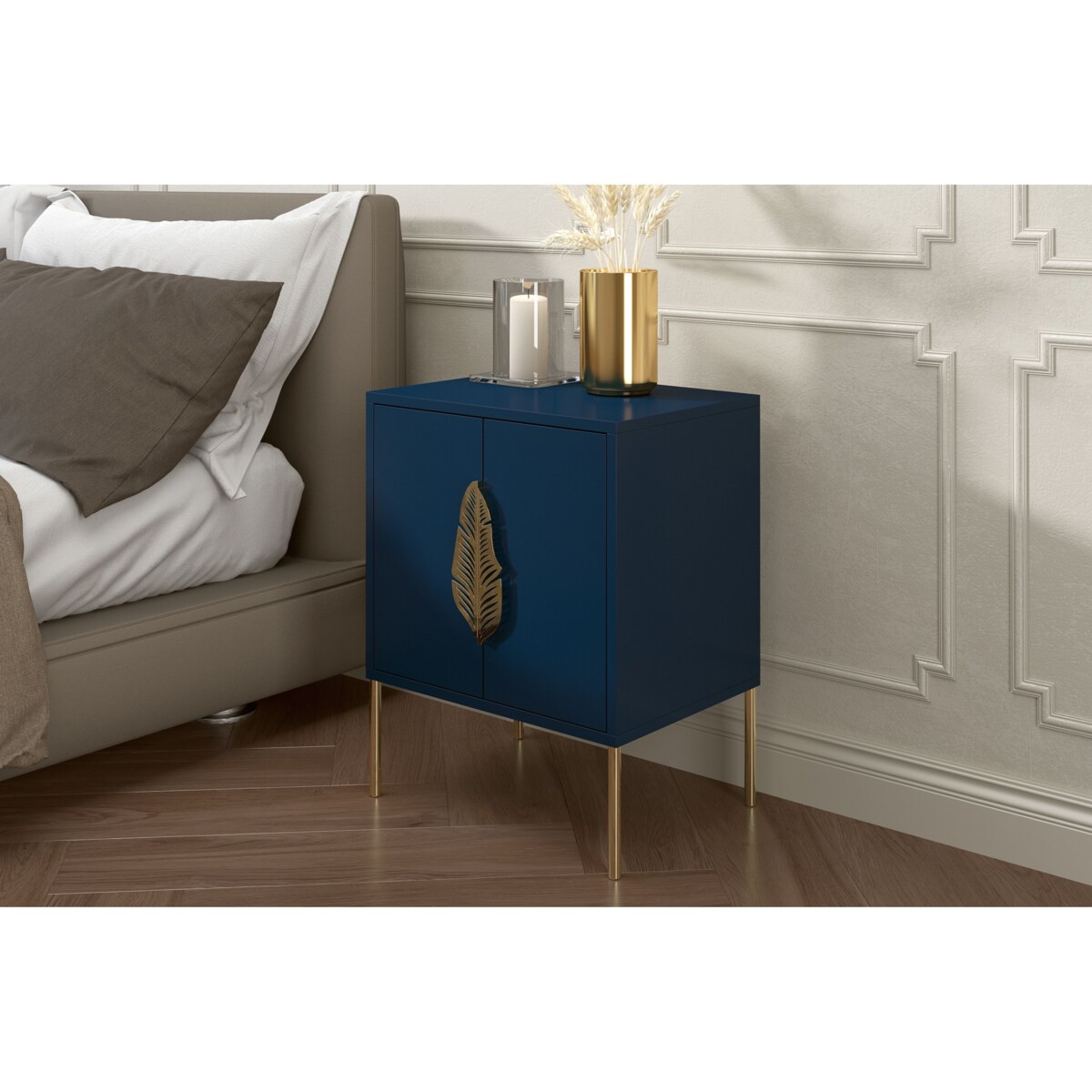 Granatowa szafka nocna Skandica MERLIN ze złotymi dodatkami