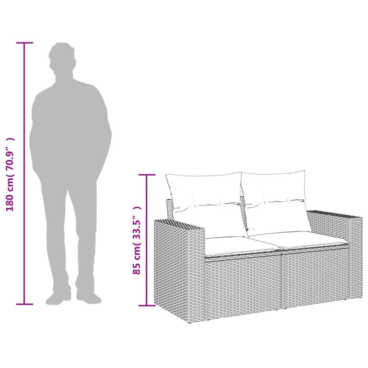 vidaXL Sofa ogrodowa z poduszkami, 2-osobowa, czarna, z polirattanu