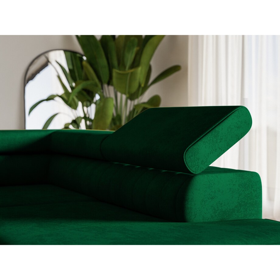 Narożnik NOLA do salonu, regulowane zagłówki-lewostronny- butelkowa zieleń