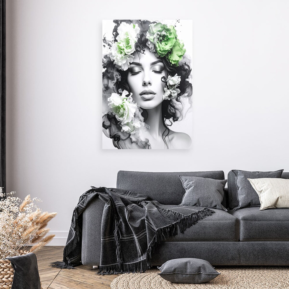 Obraz do salonu sypialni, Portret Kobieta z zielonymi kwiatami na głowie 40x60