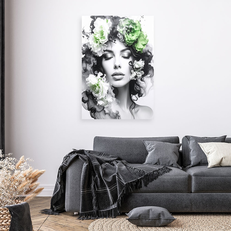 Obraz do salonu sypialni, Portret Kobieta z zielonymi kwiatami na głowie 40x60