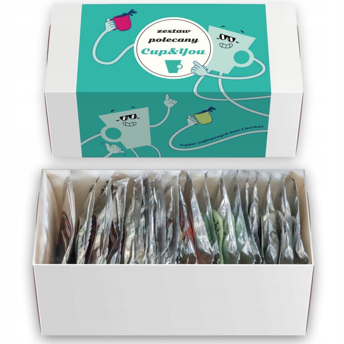 ZESTAW KAW MIELONYCH I HERBAT SYPANYCH "POLECANE CUP&YOU" - MIX 20 RÓŻNYCH SMAKÓW W SASZETKACH NA PREZENT UPOMINEK DLA KOBIETY FACETA MĘŻCZYZNY NIEJ NIEGO