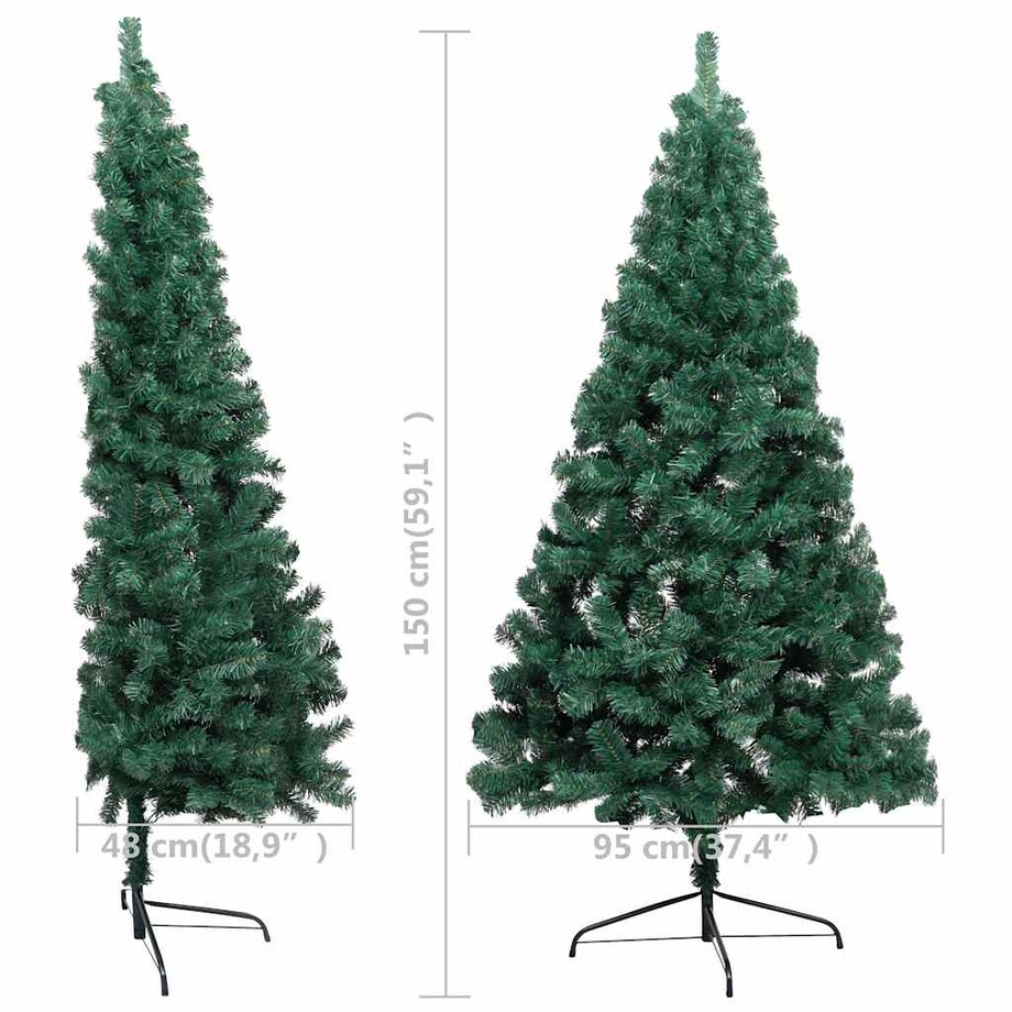 vidaXL Choinka z lampkami i bombkami, połówka, zielona, 150 cm
