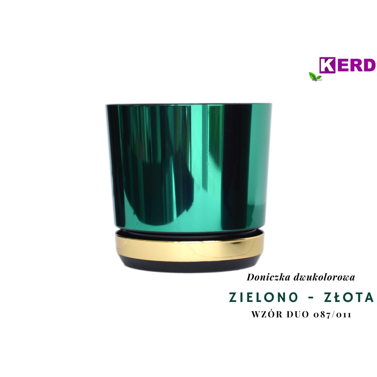 26 Doniczka DUO ZIELONA z podstawką ZŁOTA dwukolorowa nowoczesna glamour wysoki połysk metaliczna elegancka