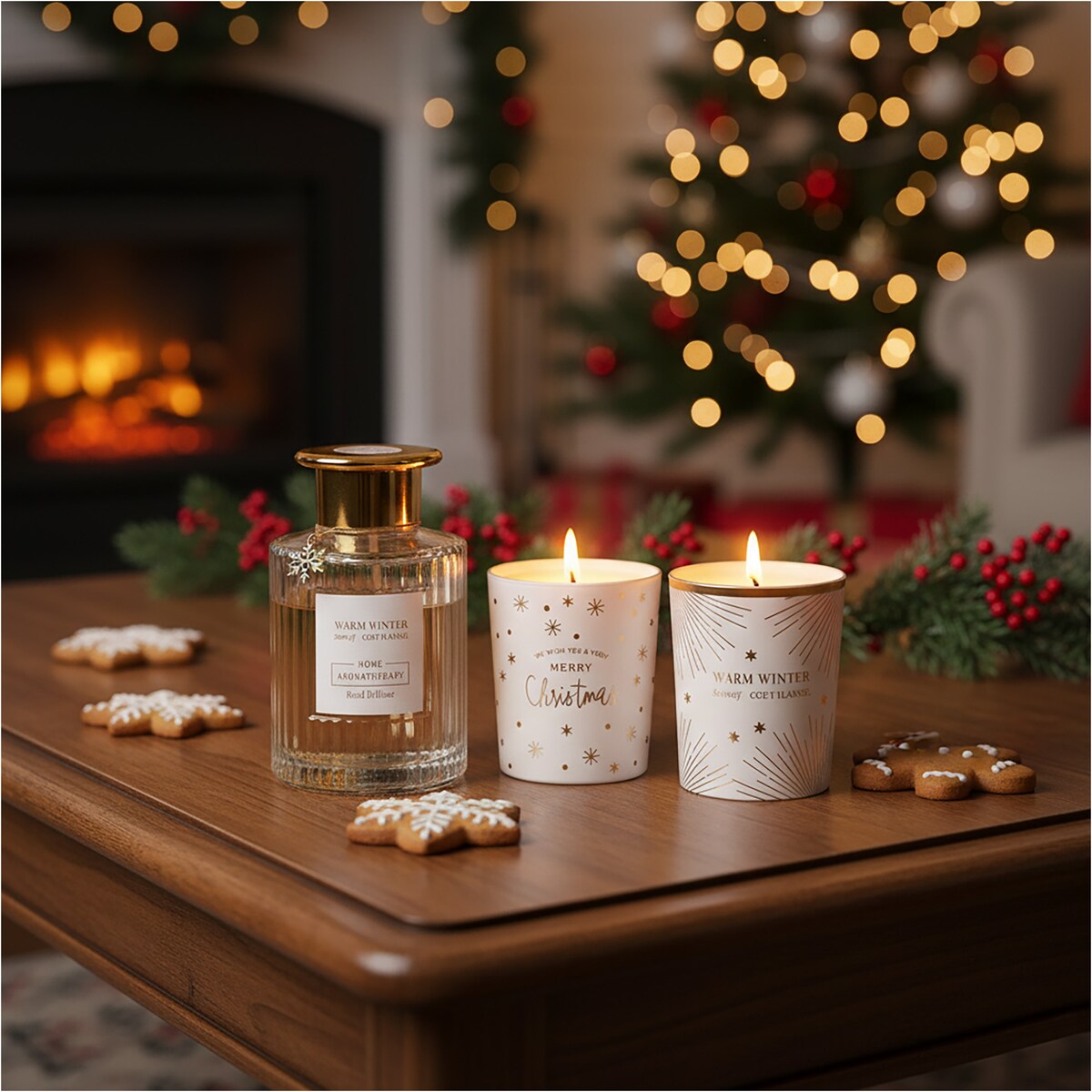 Dyfuzor Z Patyczkami Zapach Zestaw Zapachowy + Dwie Świece Dekoracje Świąteczny