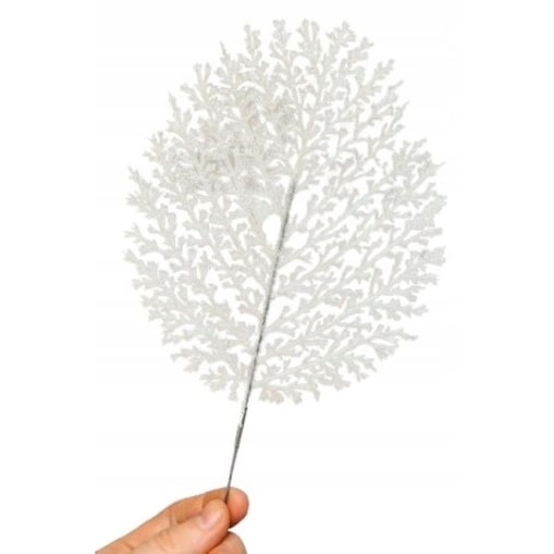 BROKATOWA GAŁĄZKA BIAŁA LIŚĆ paproć do dekoracji święta stroik choinka