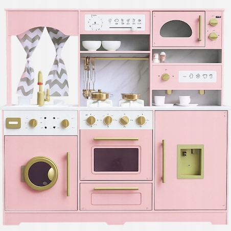Różowa kuchnia XXL dla dzieci drewniana - dużo funkcji, pralka, piekarnik, lodówka PetitGold