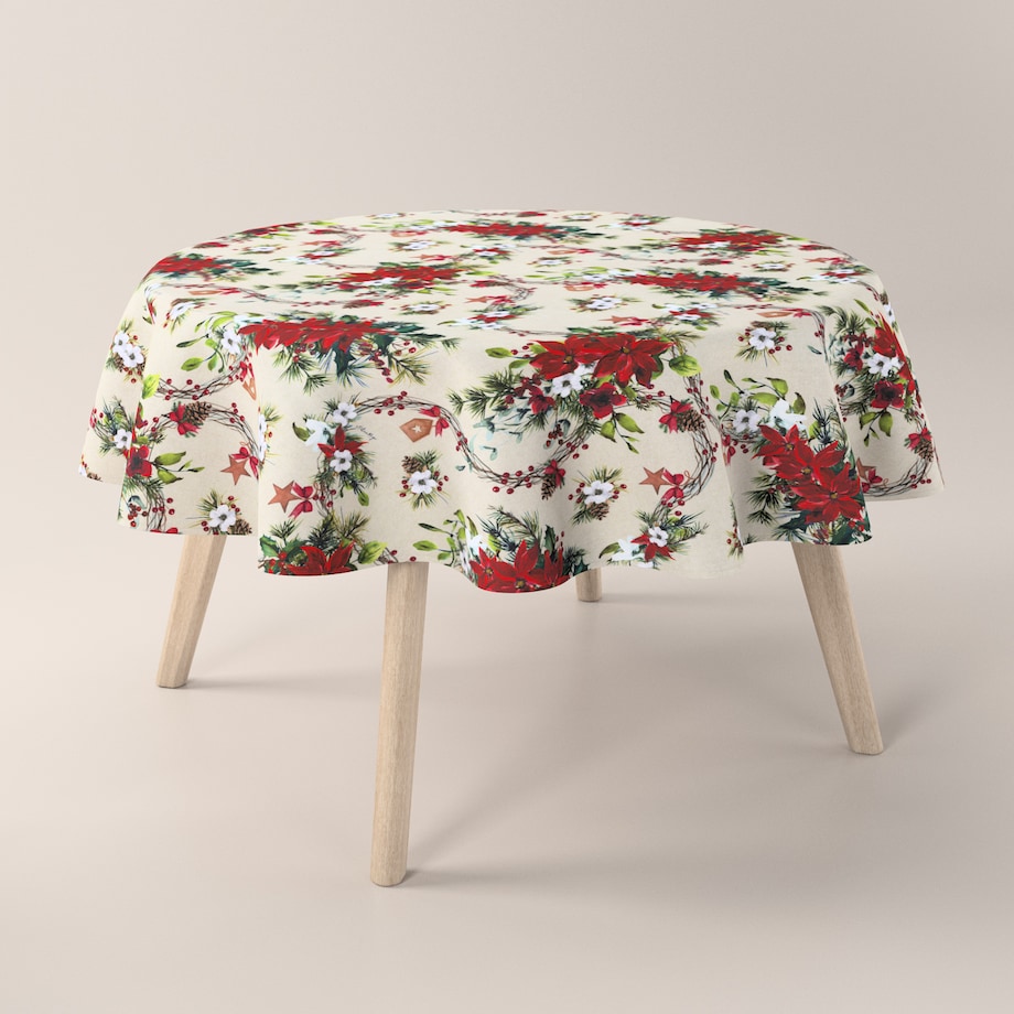 Obrus okrągły 130 x 130 cm gwiazdy betlejemskie na szaro-beżowym tle