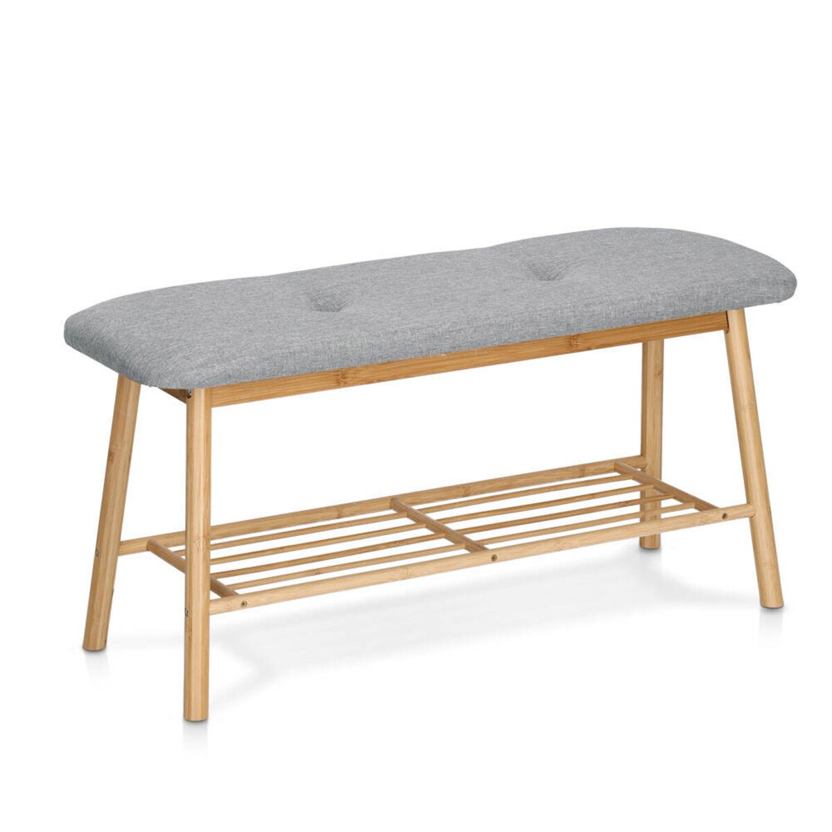 Tapicerowana ławka z półką na buty, bambus + len