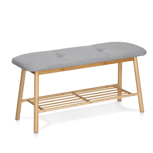 Tapicerowana ławka z półką na buty, bambus + len