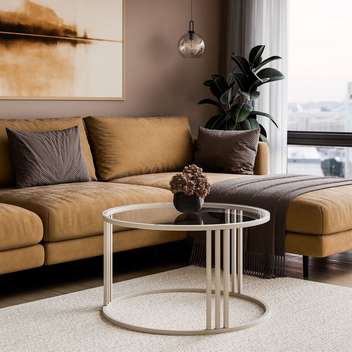 Okrągły stolik kawowy LORI GLASS na kaszmirowym stelażu, blat przezroczyste szkło