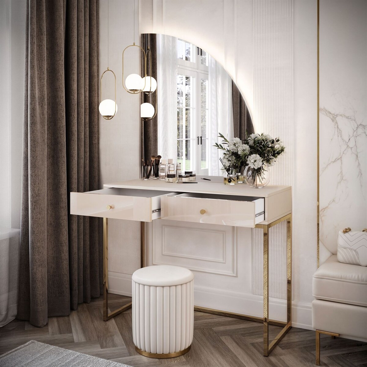 Toaletka kosmetyczna QUINNIE KASZMIR z lustrem LED złoty chrom, prawa, uchwyt złoty chrom