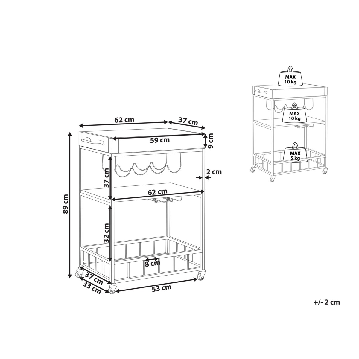 Wózek kuchenny 3-poziomowy jasne drewno z czarnym HULLET