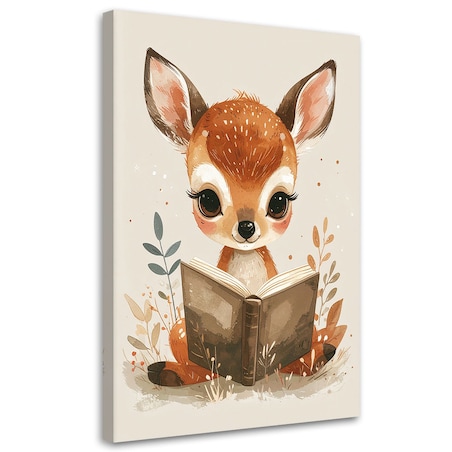 Obraz do pokoju dziecka niemowlaka, Mała sarenka czytajaca książkę zwierzęta leśne 40x60 cm