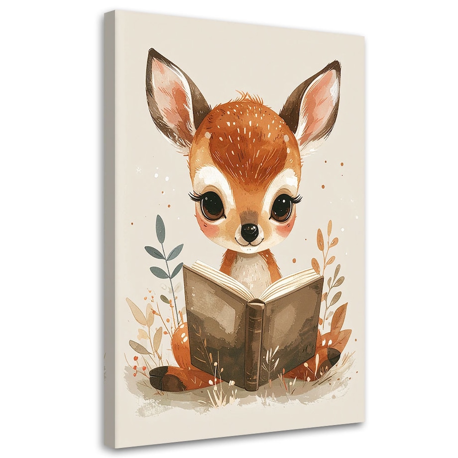 Obraz do pokoju dziecka niemowlaka, Mała sarenka czytajaca książkę zwierzęta leśne 40x60 cm