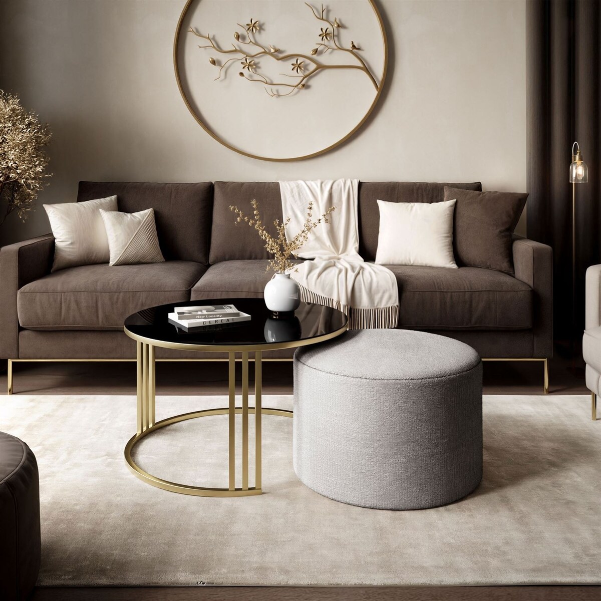 Stolik kawowy z pufą LORI GLASS złoto szczotkowane, czarne szkło / Perfect Harmony 82