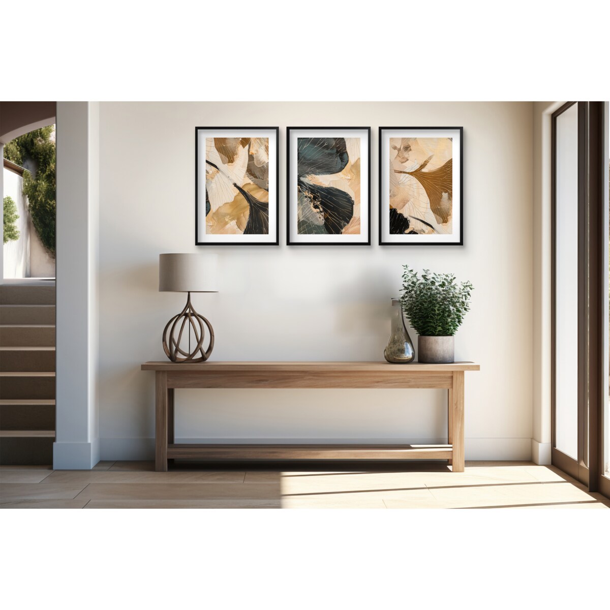 Komplet 3 Plakatów na ścianę do salonu sypialni Ozdoba ścienna Złote Kwiaty