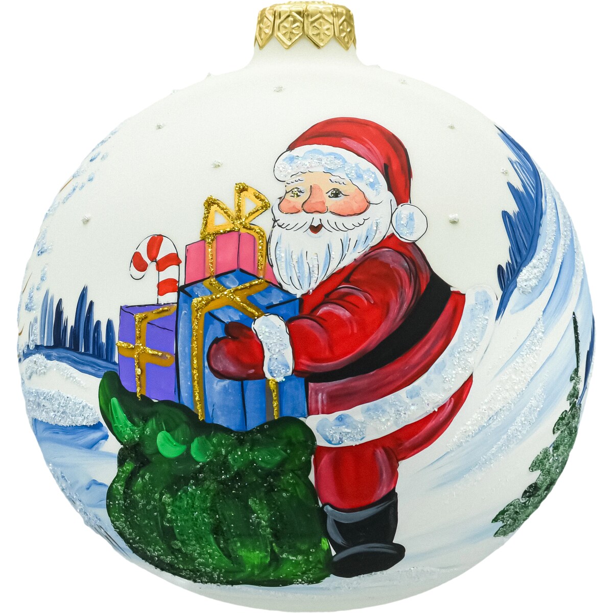 Bombka okrągła szklana: Mikołaj i zimowy pejzaż