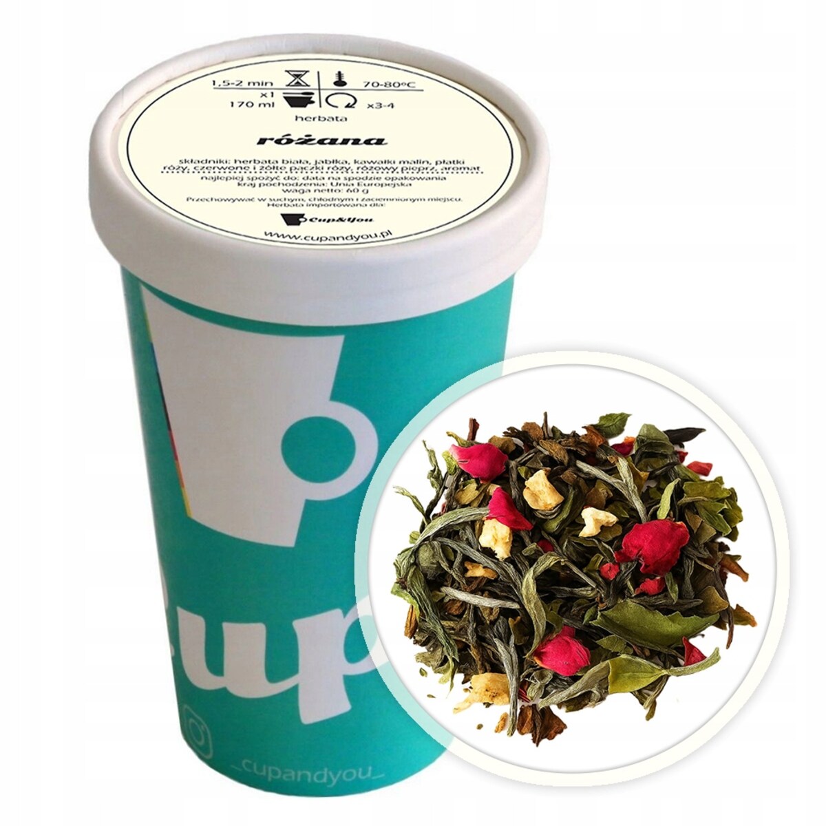 Herbata biała RÓŻANA premium jabłka maliny czerwone i żółte pączki róży 60g