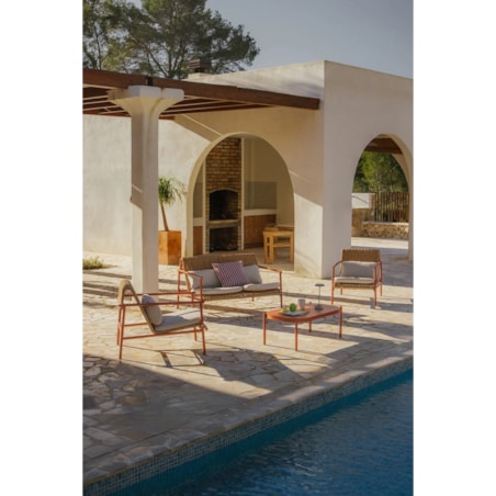 Zestaw ogrodowy: sofa, 2 fotele, stolik kawowy z aluminium i syntetycznego rattanu Duroli, terracotta