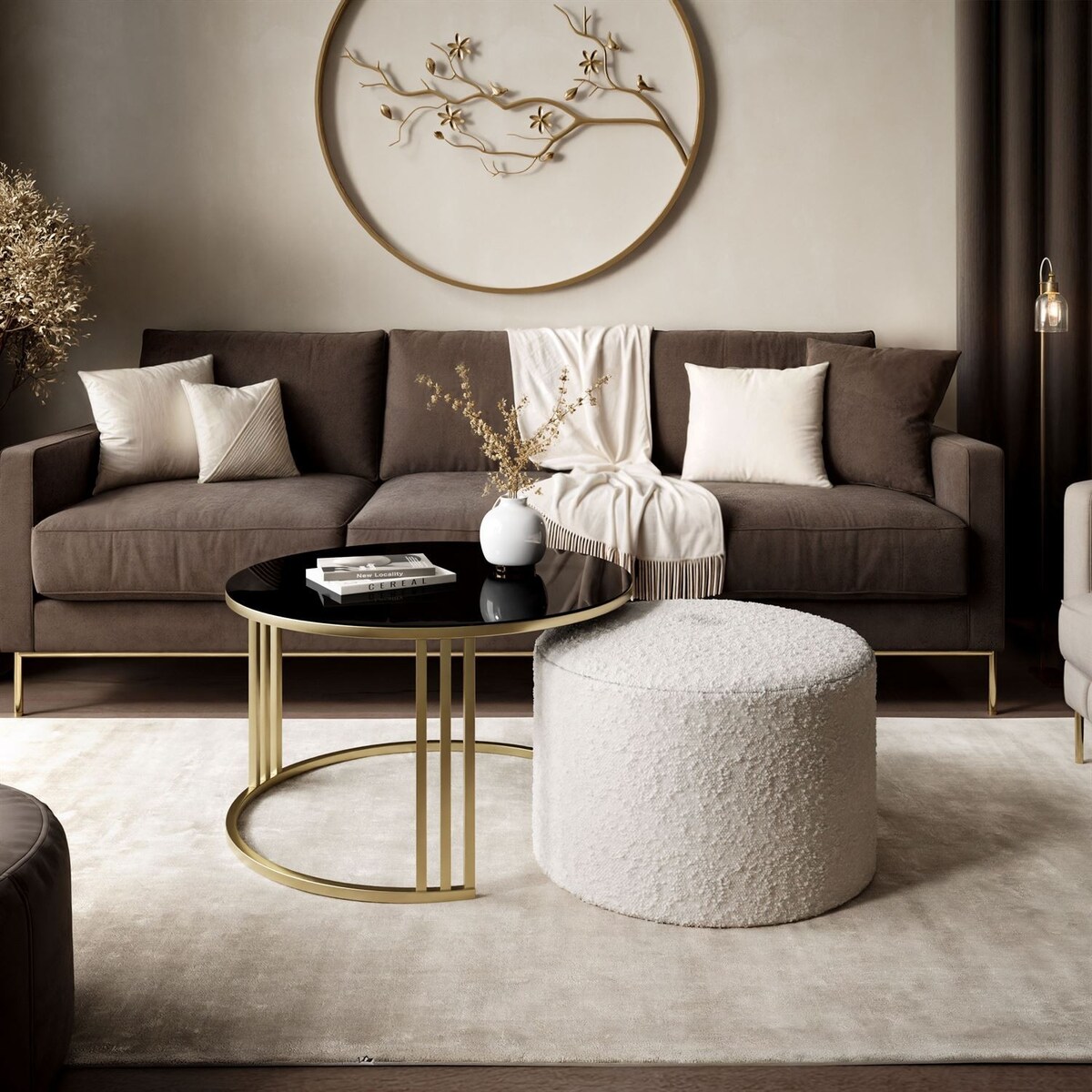 Stolik kawowy z pufą LORI GLASS złoto szczotkowane, czarne szkło / Coral 65