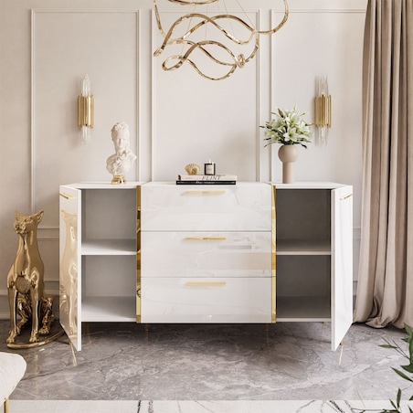 Komoda z szufladami ONYX na złotych nóżkach wysoki połysk 158 cm, biała, uchwyty złote