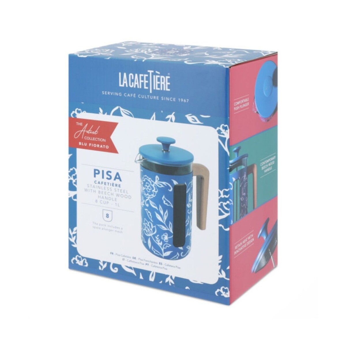 Zaparzacz do Kawy Typu French Press Pisa na 8 filiżanek, Blu Fiorato