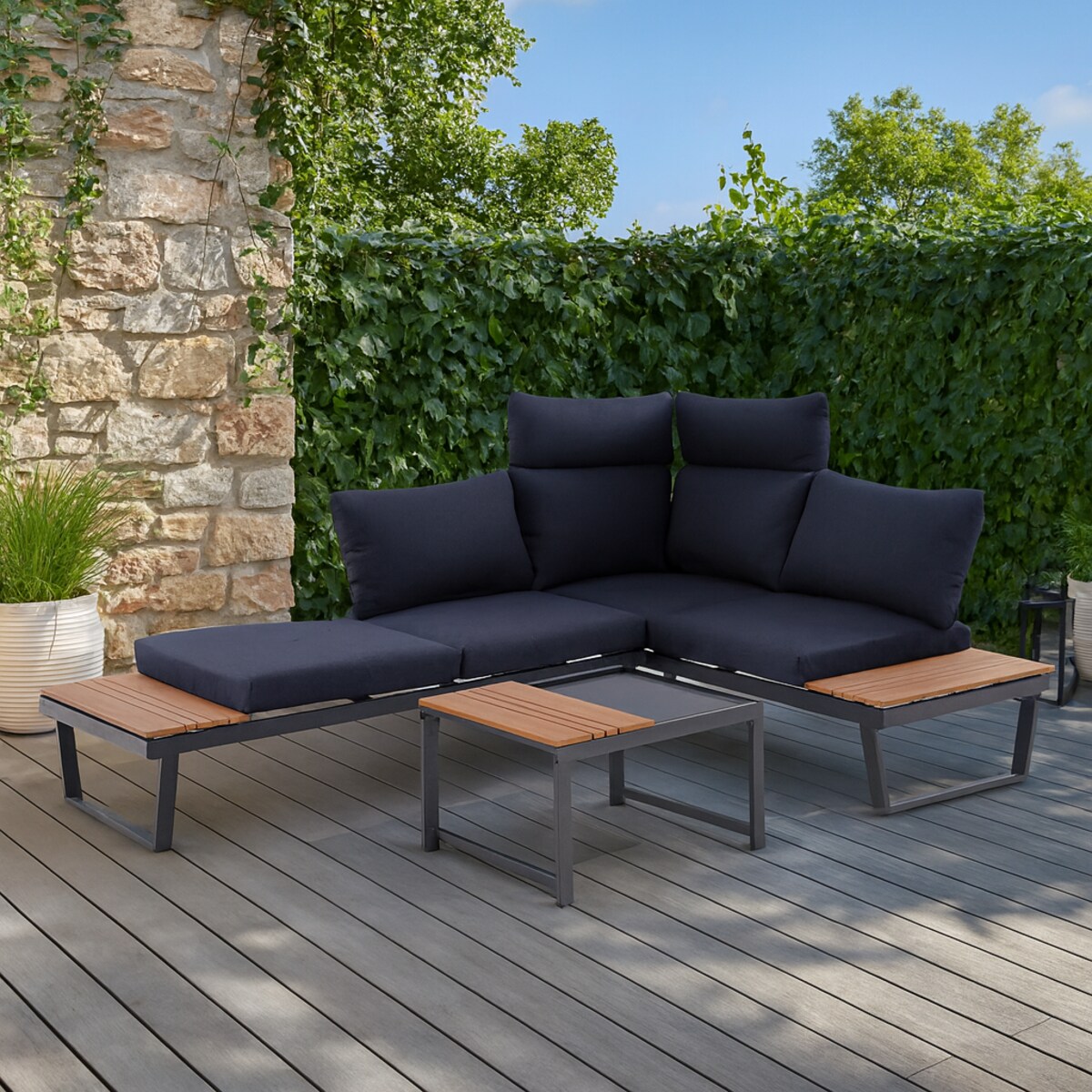 Zestaw mebli ogrodowych wypoczynkowych Nuvio z narożnikiem granatowy