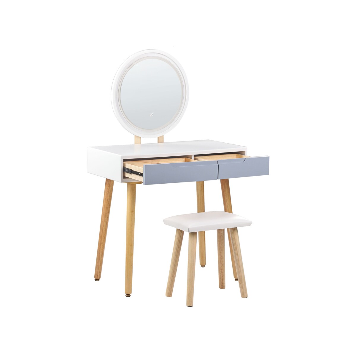 Toaletka 2 szuflady lustro LED ze stołkiem biało-szara JOSSELIN