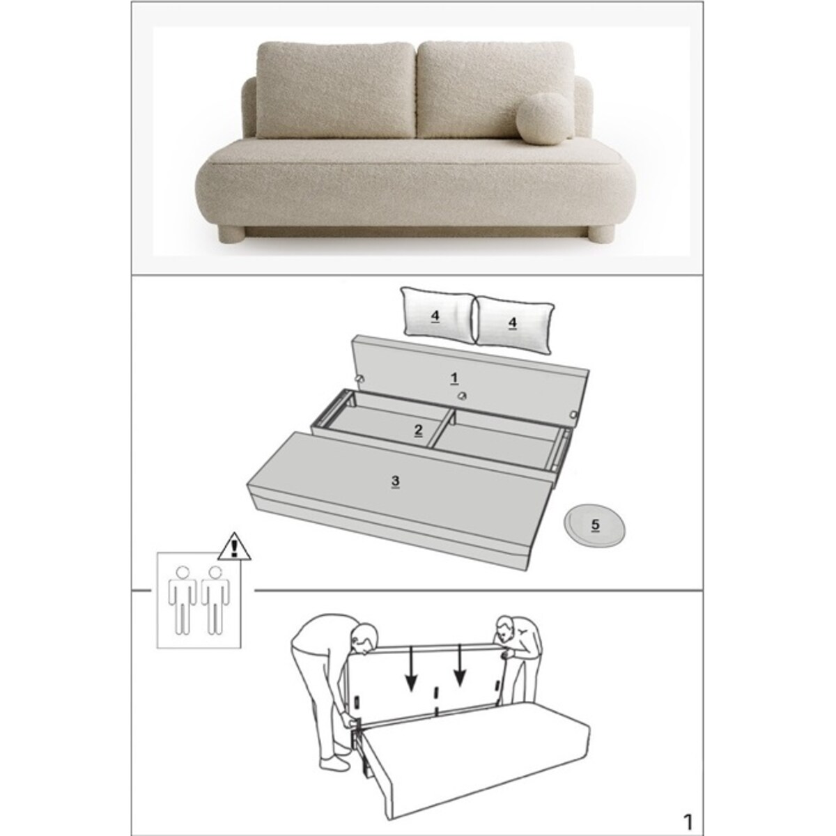 Kanapa Nowoczesna MAJA z funkcją spania w tkaninie boucle - ciemno beżowa