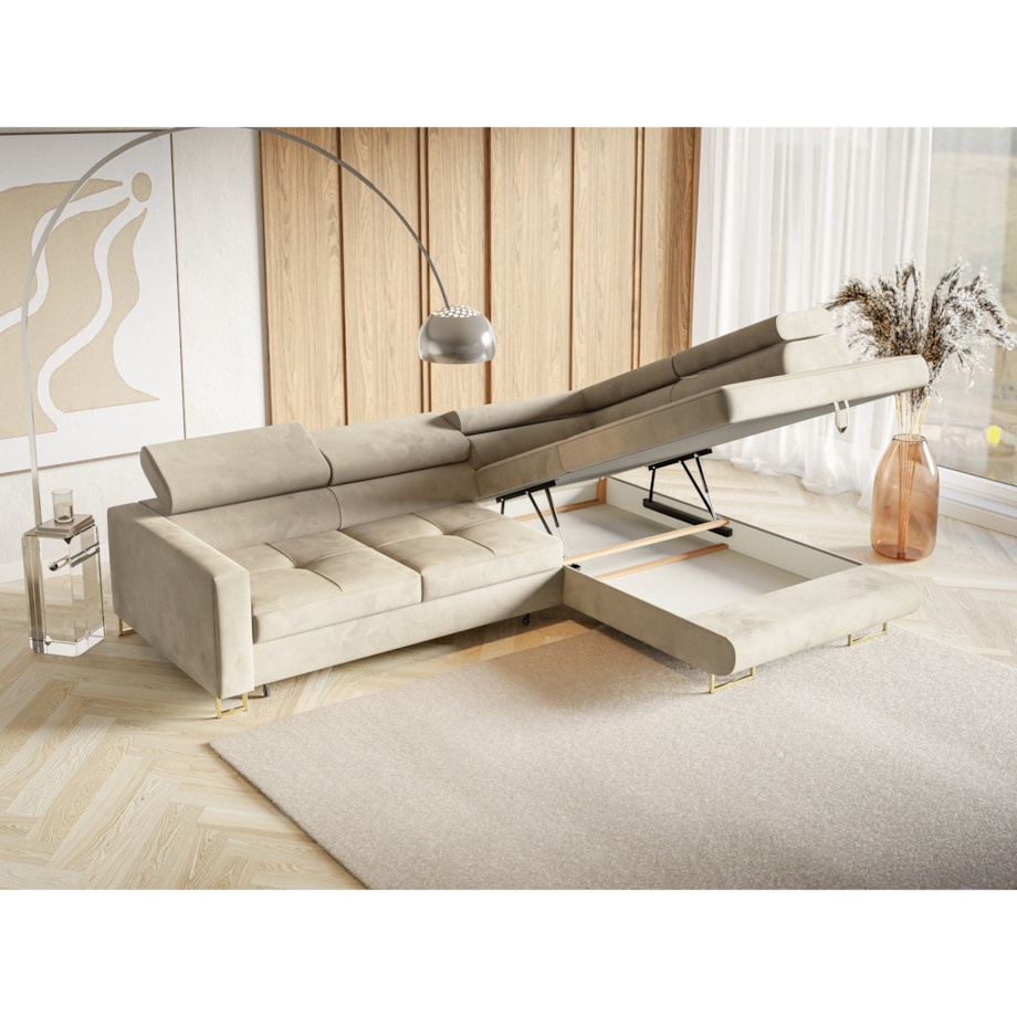 Narożnik rozkładany MERY z regulowanymi zagłówkami na złotych nóżkach prawy