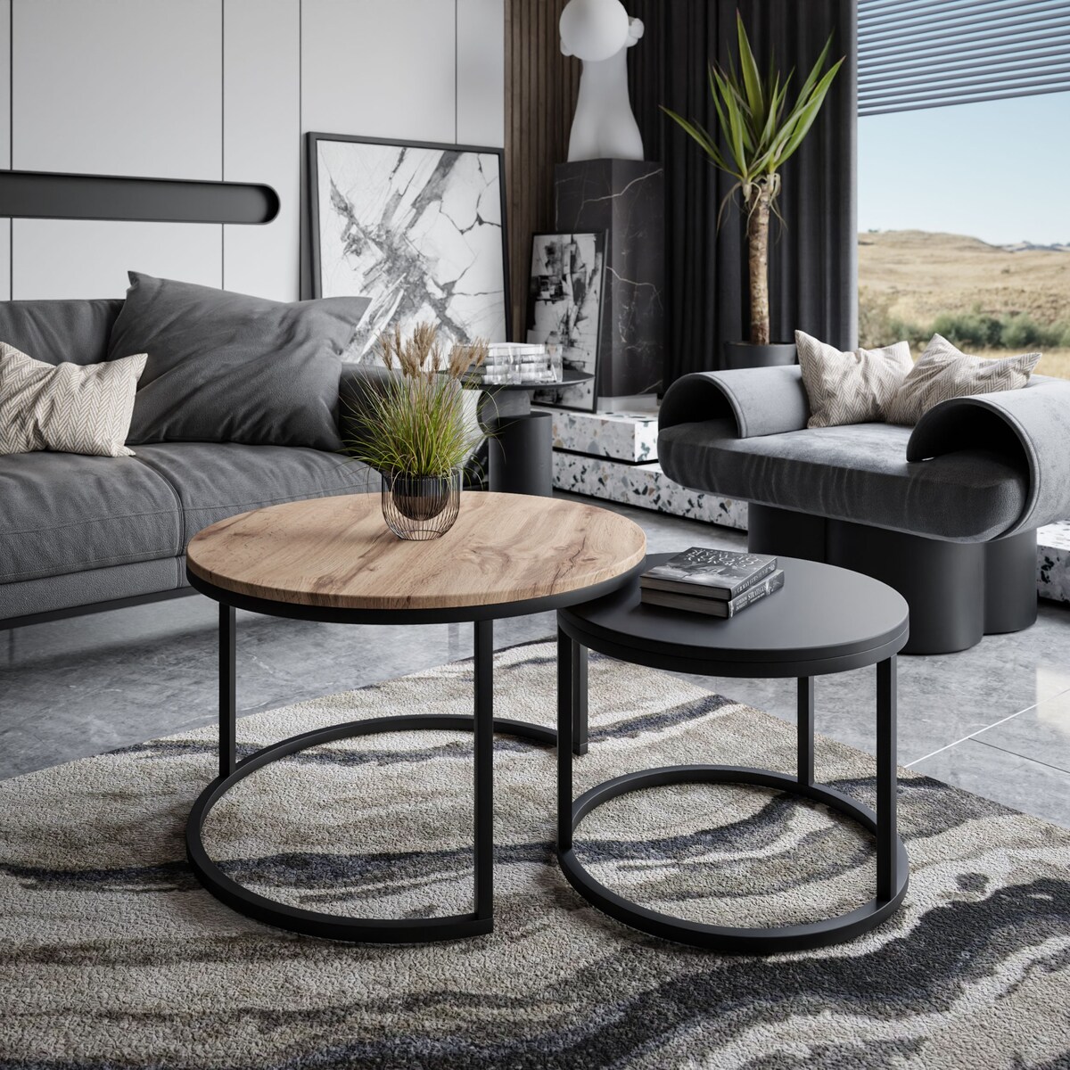 Okrągły stolik kawowy 2w1 CIRI SLIM MIX dąb wotan czarny