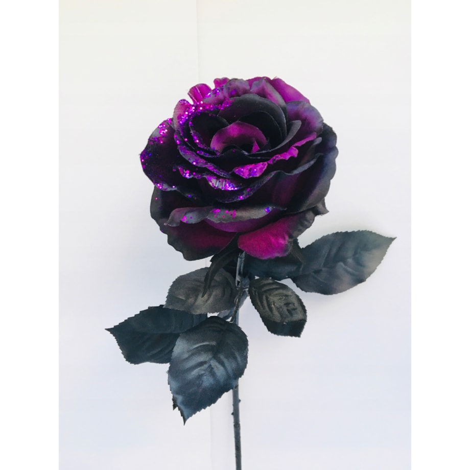 ŁODYGA RÓŻA Z BROKATEM fioletowo czarna liść do flakonu święta bukietu 65cm
