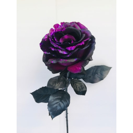 ŁODYGA RÓŻA Z BROKATEM fioletowo czarna liść do flakonu święta bukietu 65cm