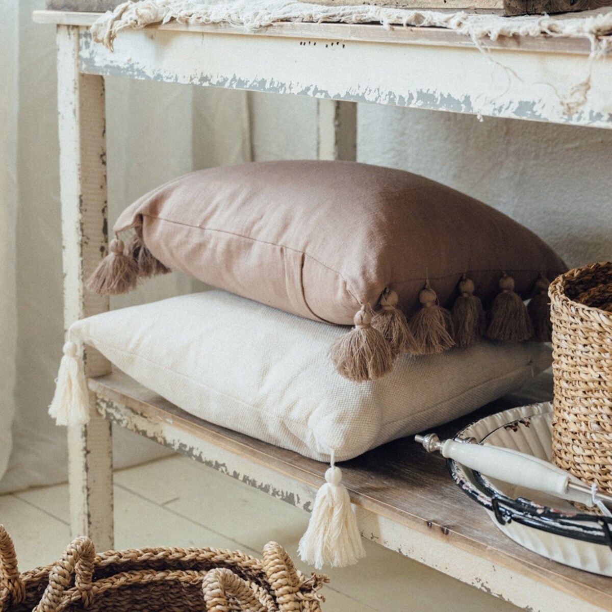 DEKORACYJNA POSZEWKA na poduszkę z naturalnych materiałów STYL BOHO 60x60cm