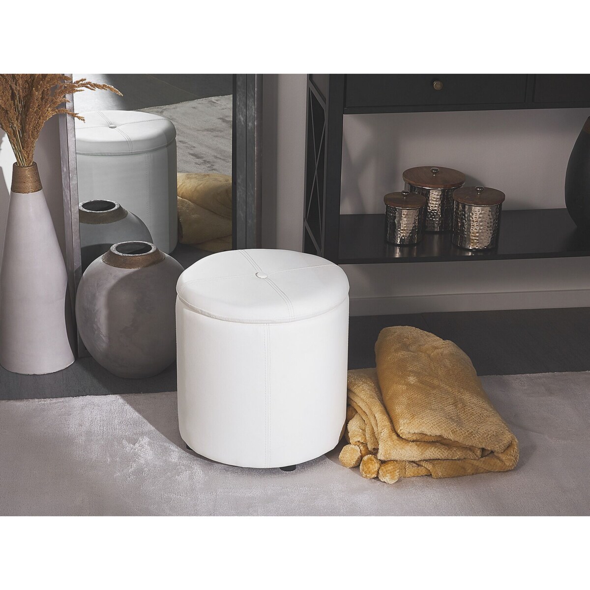 Puf ze schowkiem ⌀ 38 cm ekoskóra biały MARYLAND